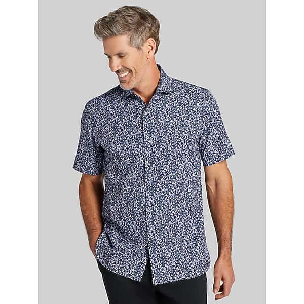 Awearness Kenneth Cole Men's CHILLFLEX Modern Fit Micro Print 4-Way Stretch Short Sleeve Button Up Shirt Blue - Size: XL