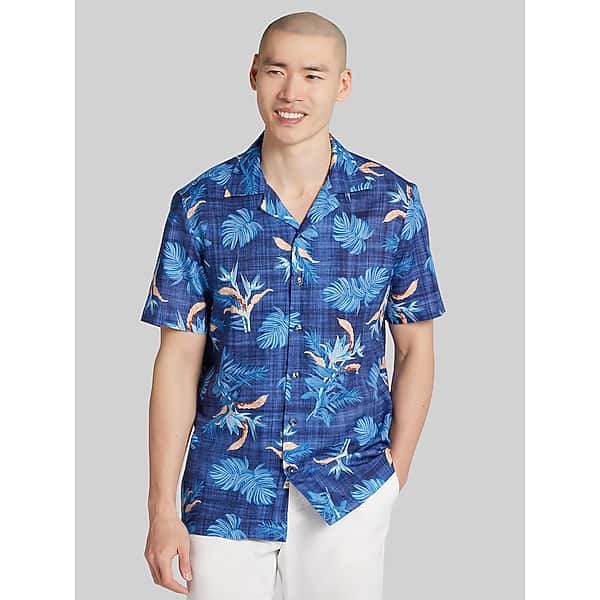 Joseph Abboud Big & Tall Men's Modern Fit Camp Collar Hawaiian Shirt Navy - Size: 2XLT