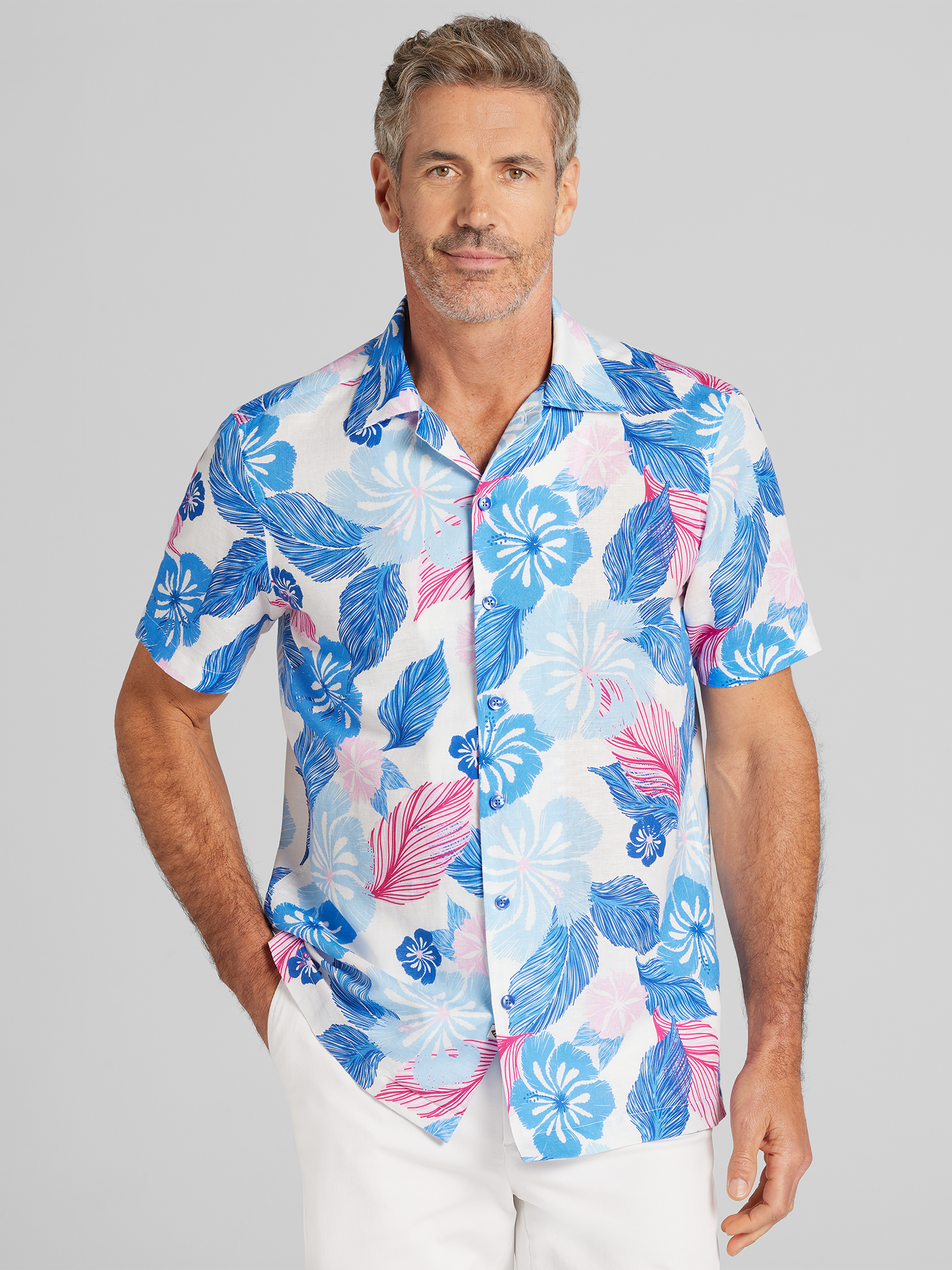 Joseph Abboud Modern Fit Camp Collar Hawaiian Shirt, White | Short