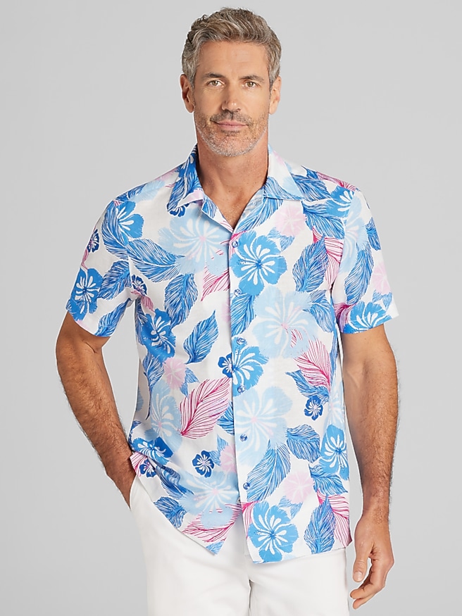 Men's Modern Fit Tropical Hibiscus and Leaves Camp Shirt