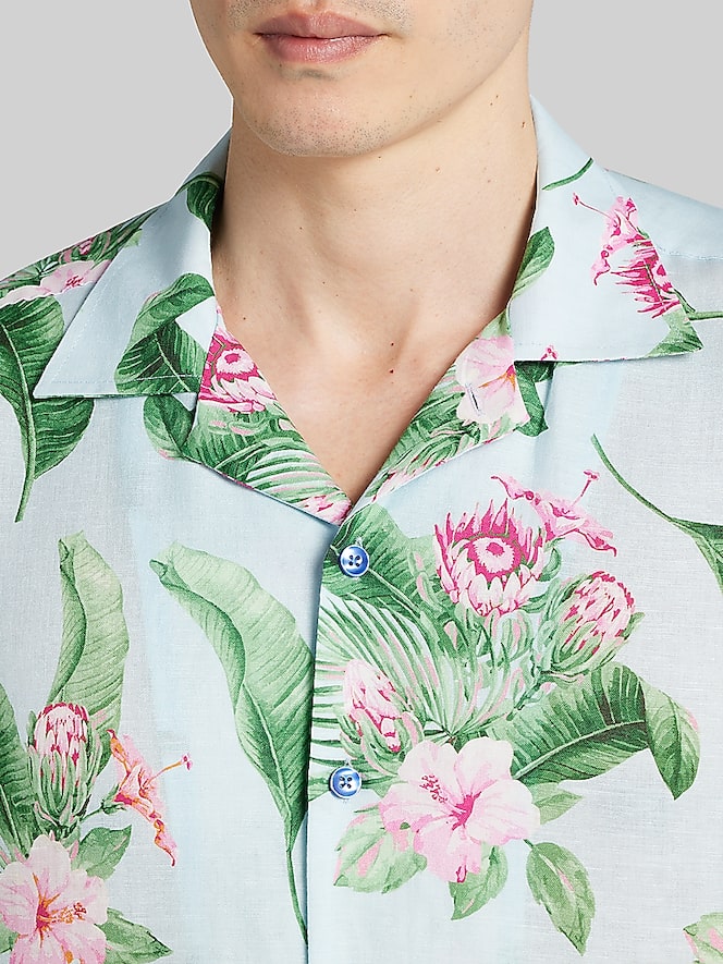 Joseph Abboud Modern Fit Tropical Hibiscus and Leaves Camp Shirt
