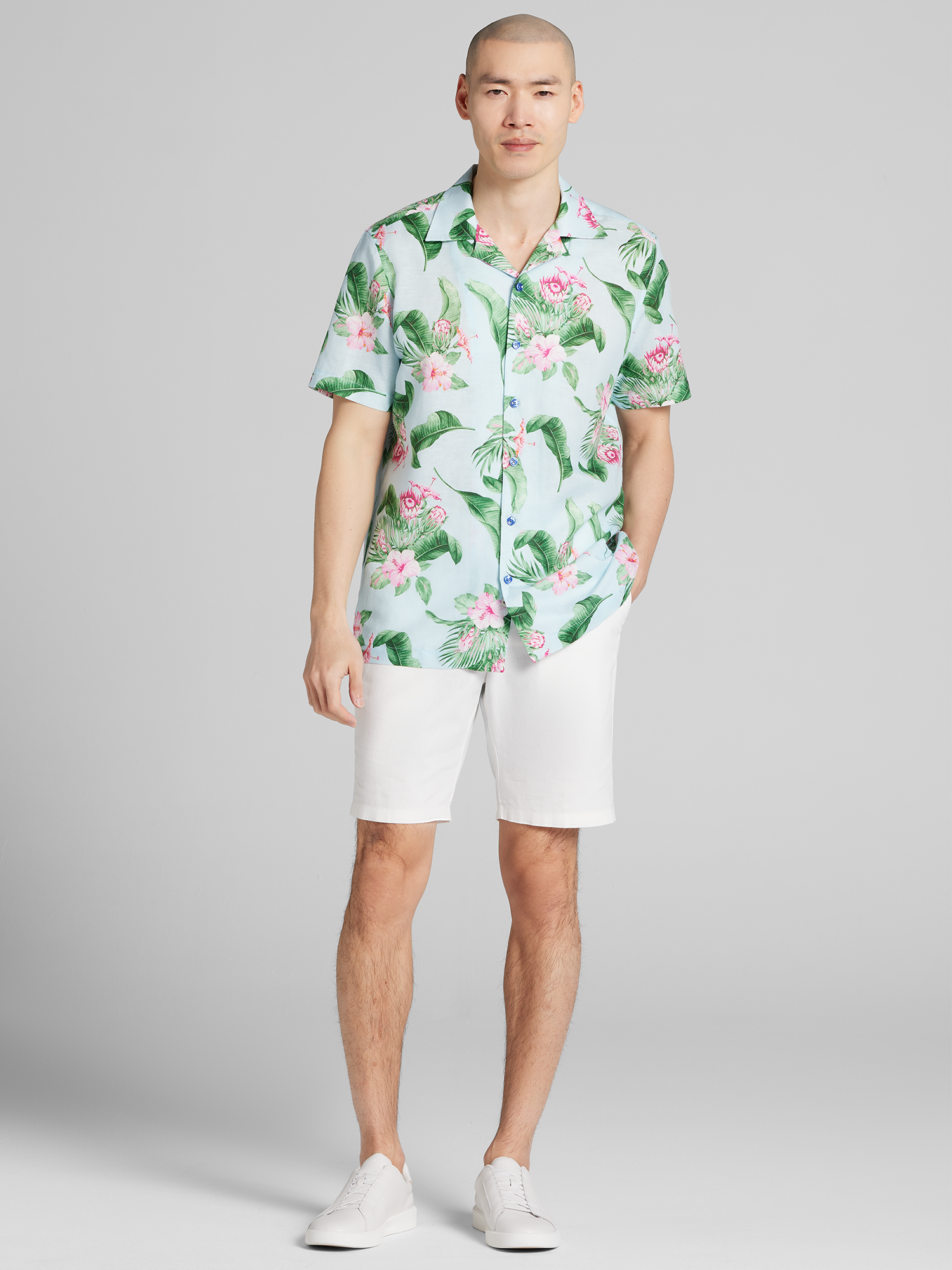 Modern Fit Tropical Hibiscus and Leaves Camp Shirt
