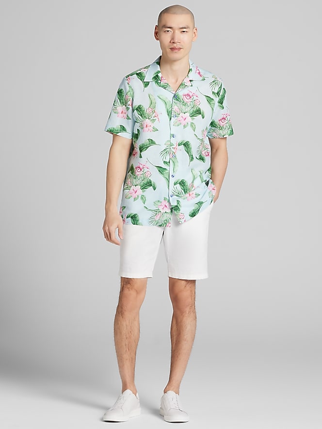 Joseph Abboud Modern Fit Tropical Hibiscus and Leaves Camp Shirt