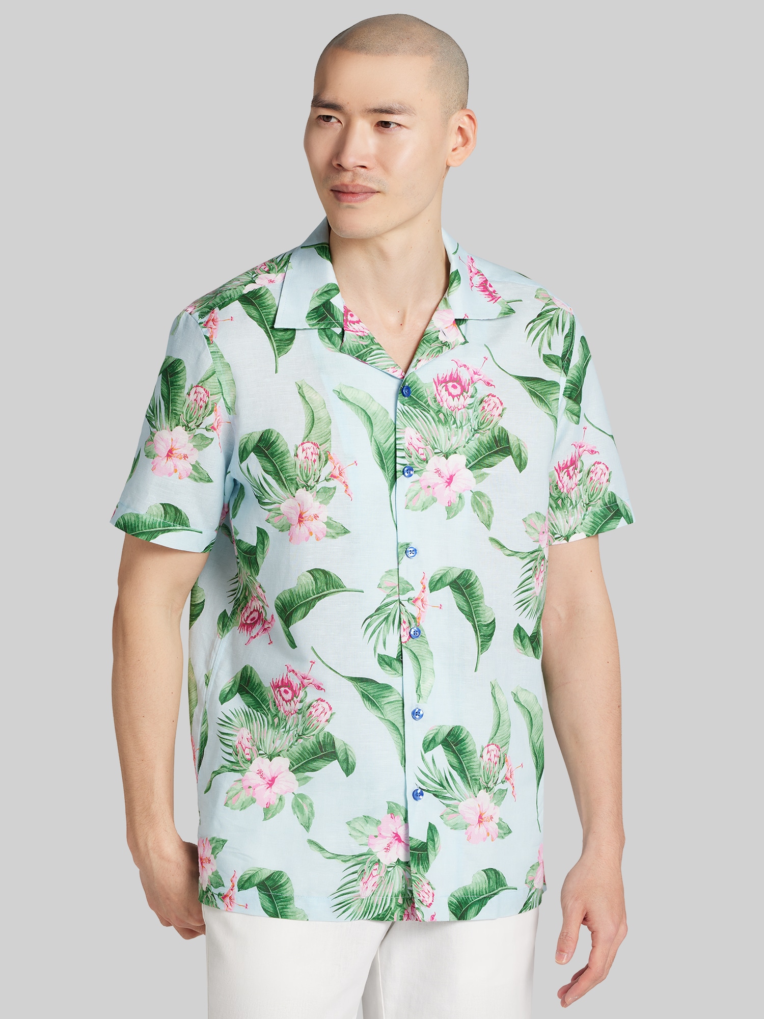Modern Fit Tropical Hibiscus and Leaves Camp Shirt