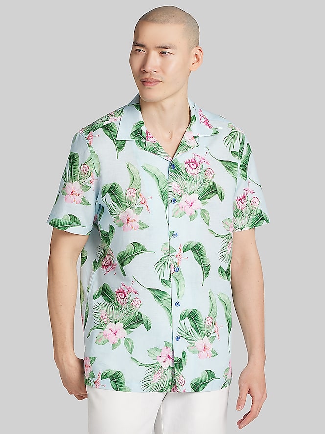 Joseph Abboud Modern Fit Tropical Hibiscus and Leaves Camp Shirt