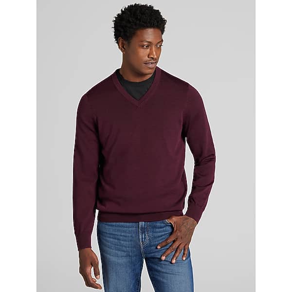 Awearness Kenneth Cole Men's Modern Fit Merino Wool V-Neck Sweater Windsor Purple Wine - Size: Large