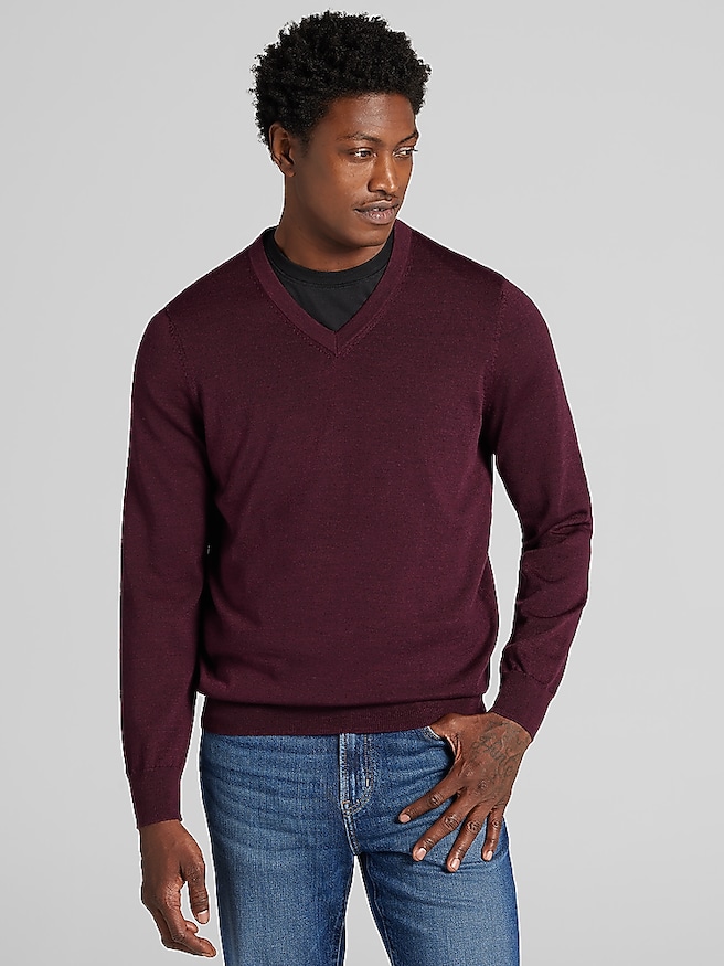 Big & Tall Men's Modern Fit Merino Wool V-Neck Sweater Windsor Purple Wine