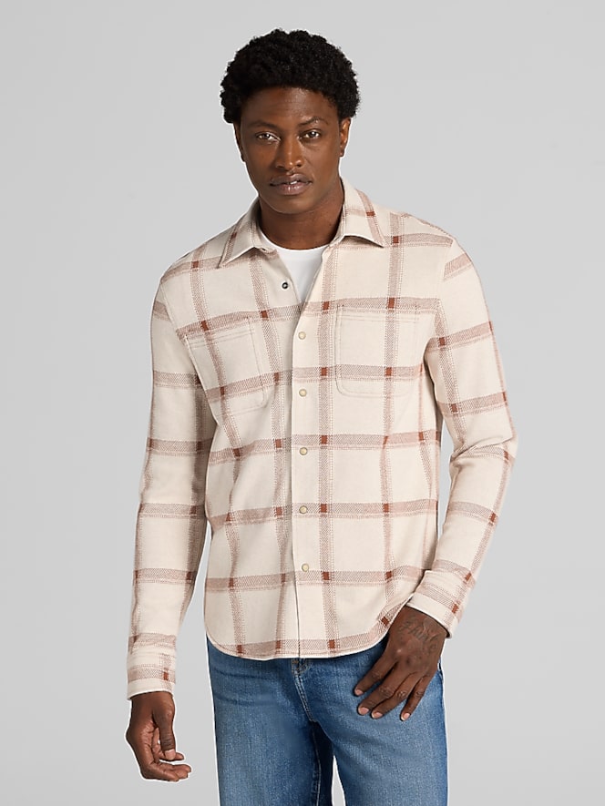 Joseph Abboud Modern Fit Plaid Knit Sportshirt, Tan Plaid - Image 2 of 4