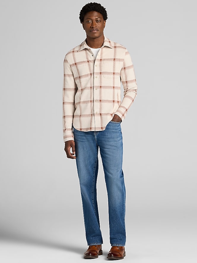 Joseph Abboud Modern Fit Plaid Knit Sportshirt, Tan Plaid - Image 3 of 4