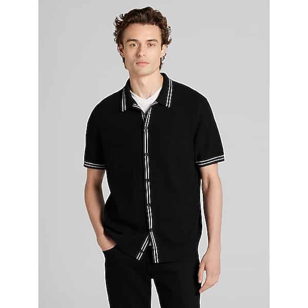 Awearness Kenneth Cole Men's Button-Through Textured Knit Polo Sweater Jet Black - Size: Small