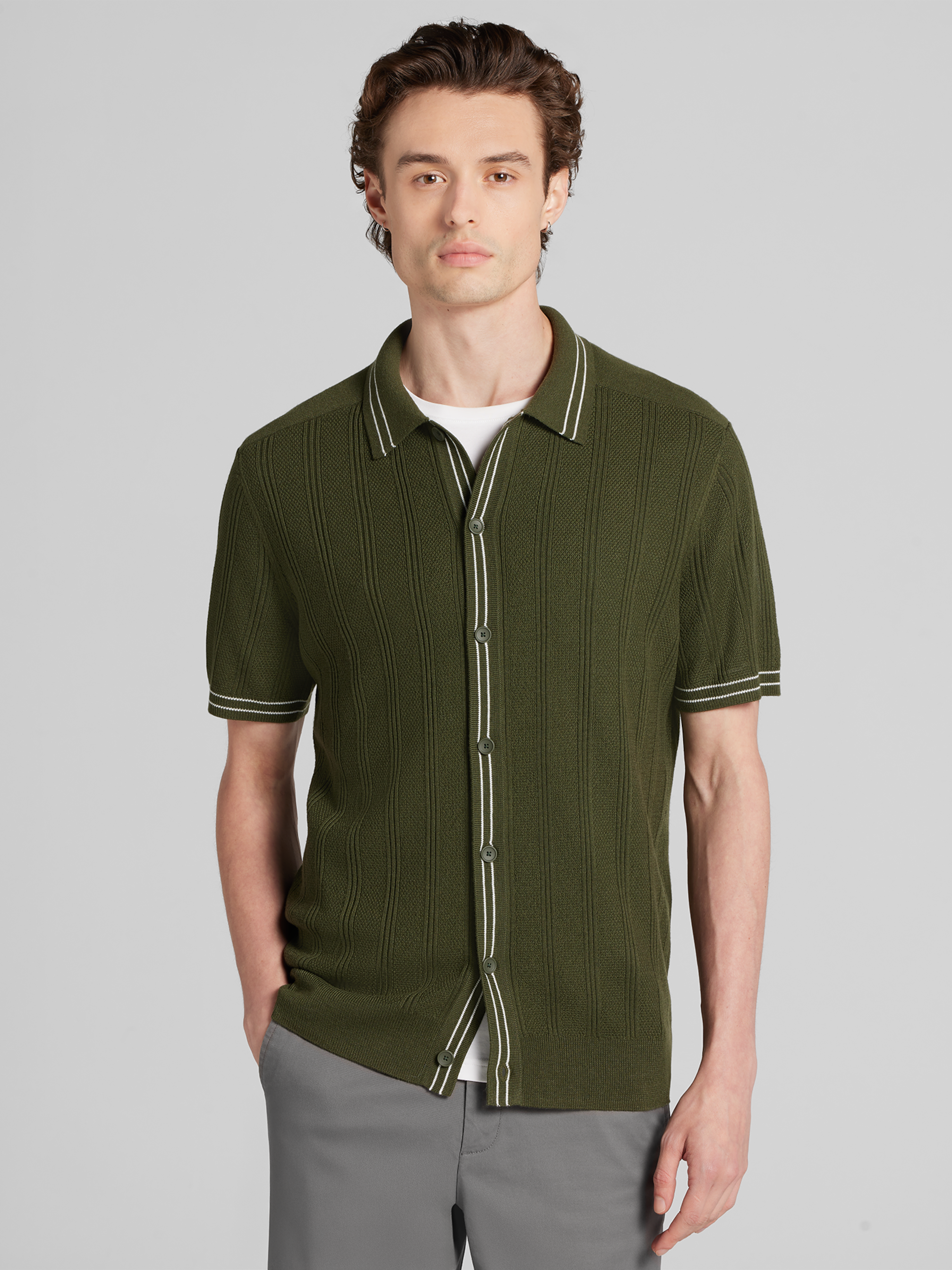 Button-Through Textured Knit Polo Sweater