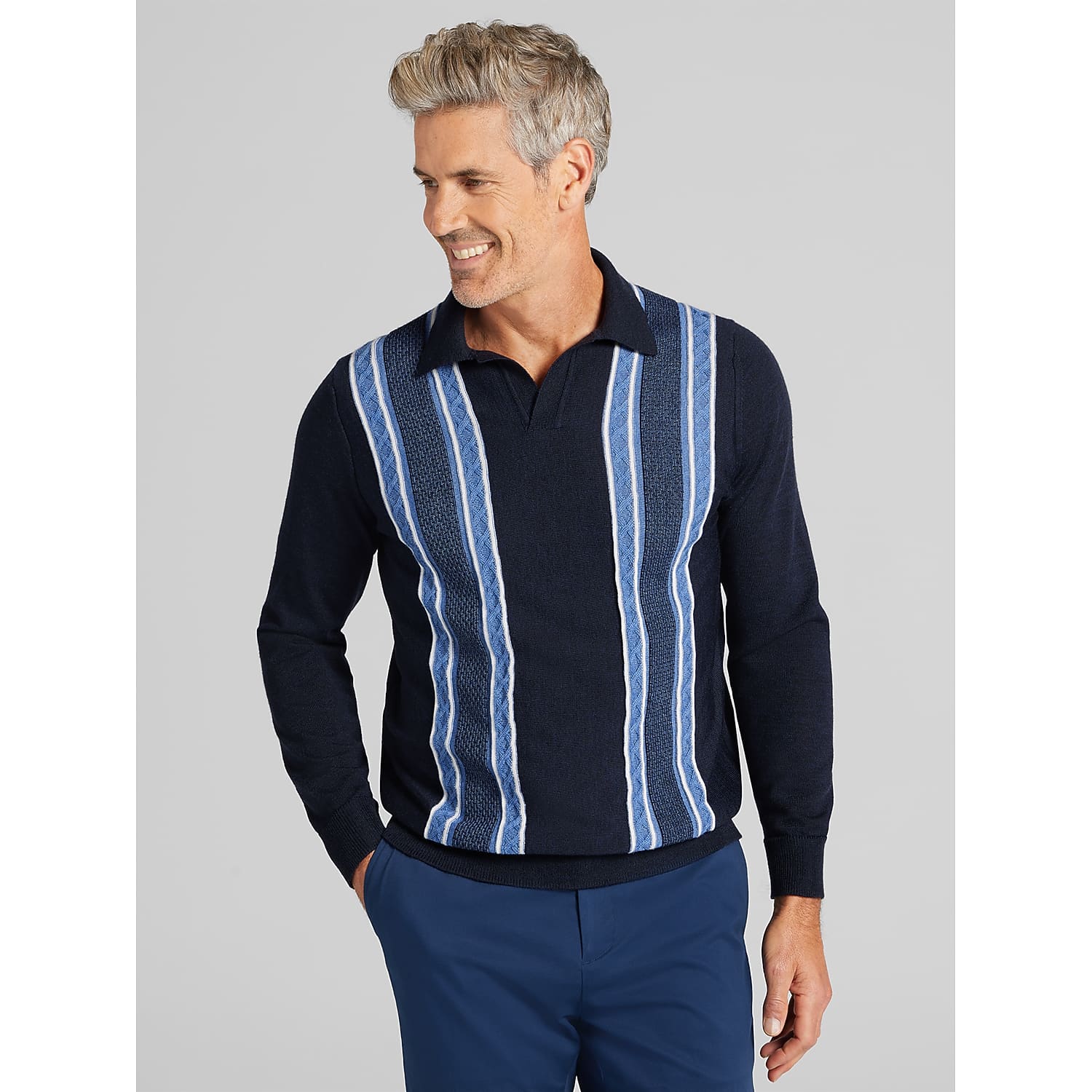 Joseph Abboud Men's Long Sleeve Striped Johnny Collar Polo Sweater, Navy Blazer / Blue - Size: XL