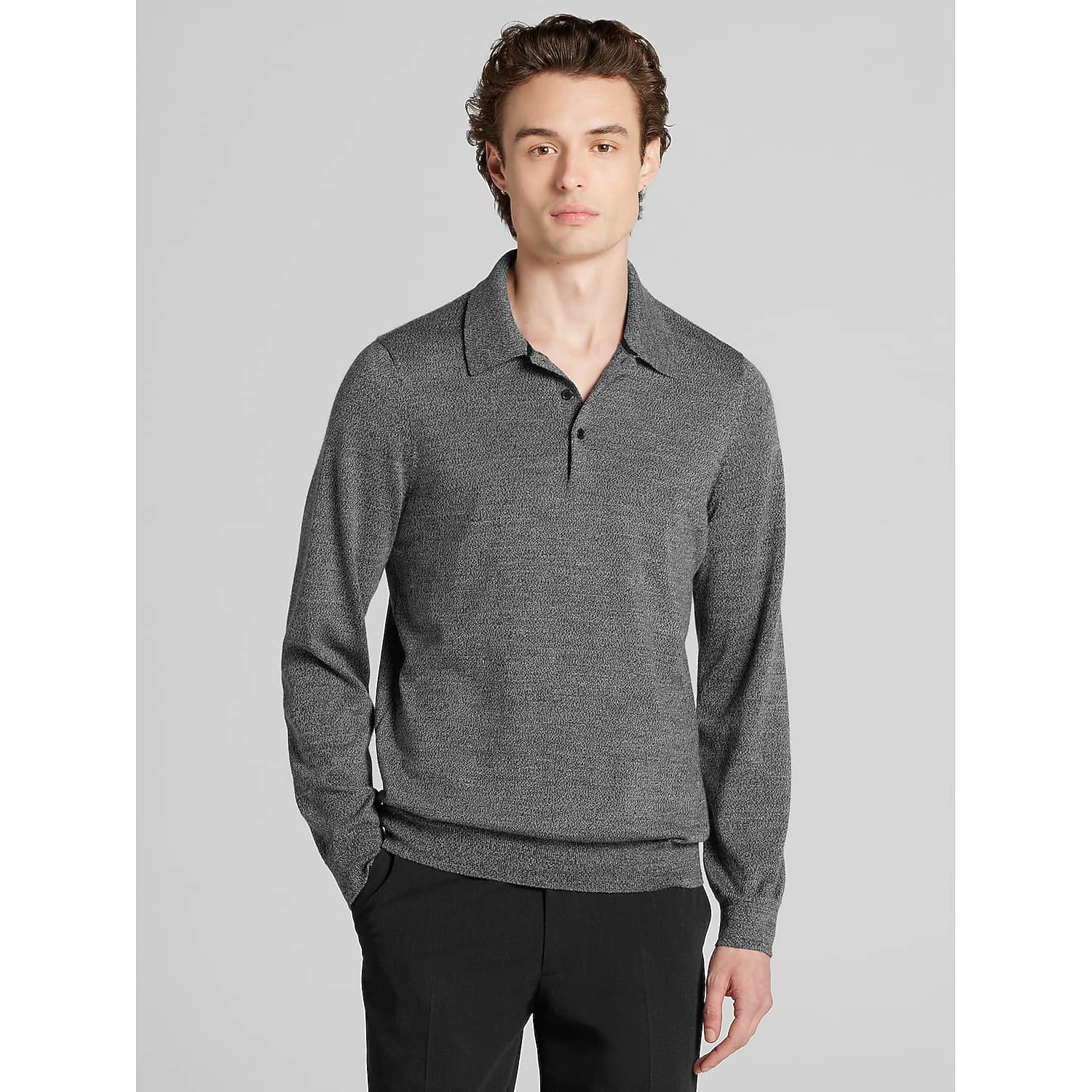 Awearness Kenneth Cole Men's Merino Wool Long Sleeve Polo Sweater, Grey Marl / Gray - Size: Medium