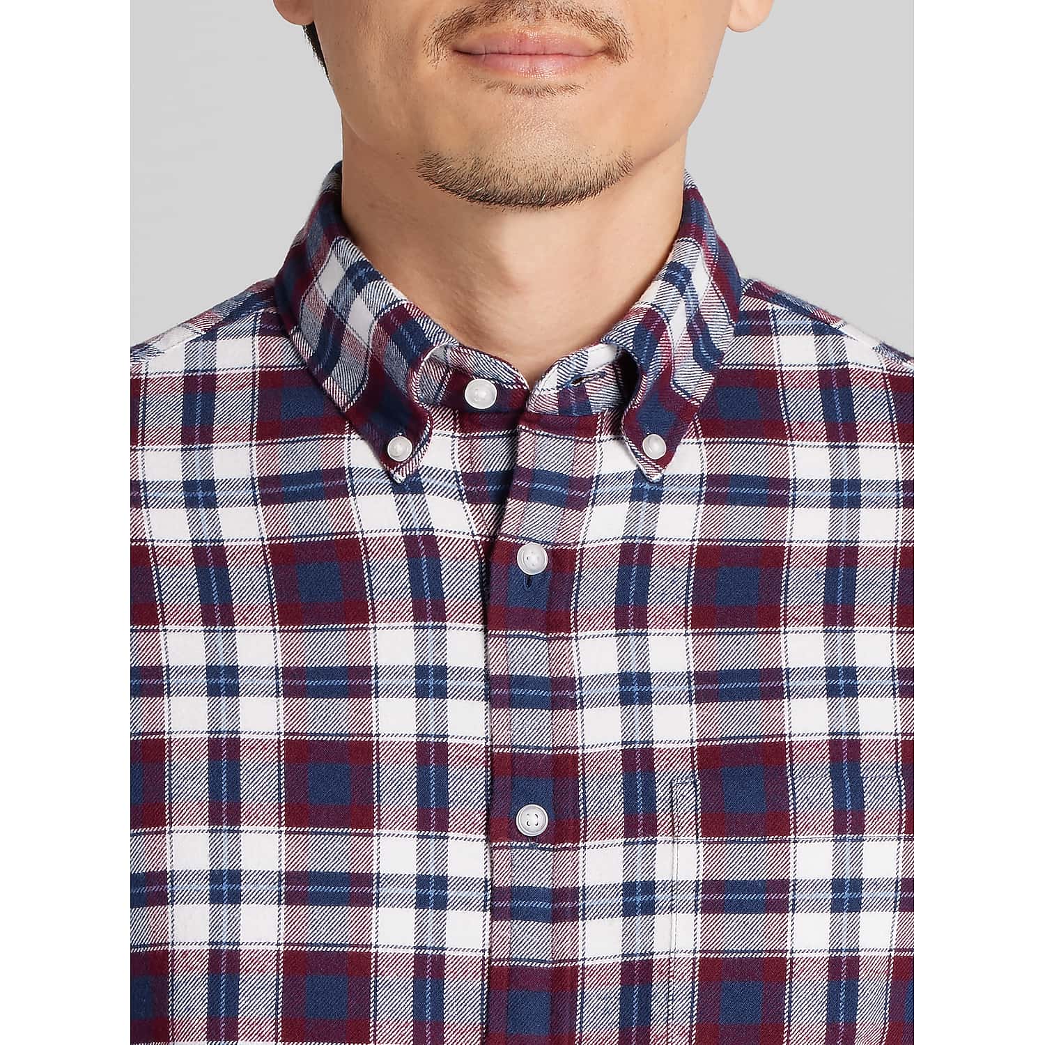 Wilke-Rodriguez Men’s Modern Fit Plaid Flannel Button-Up Shirt in Burgundy and White