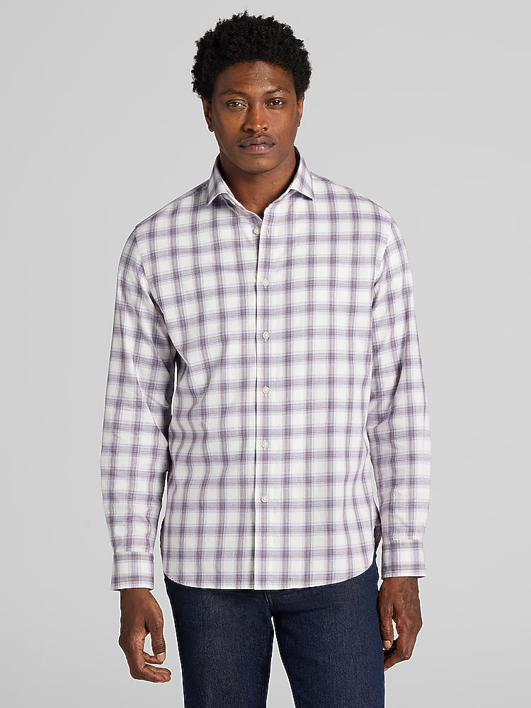 burgundy plaid dress shirt Joseph Abboud Modern Fit Refined Woven Button-Up Shirt, | Long Sleeve Button Up Shirts Color:Slate Brown
