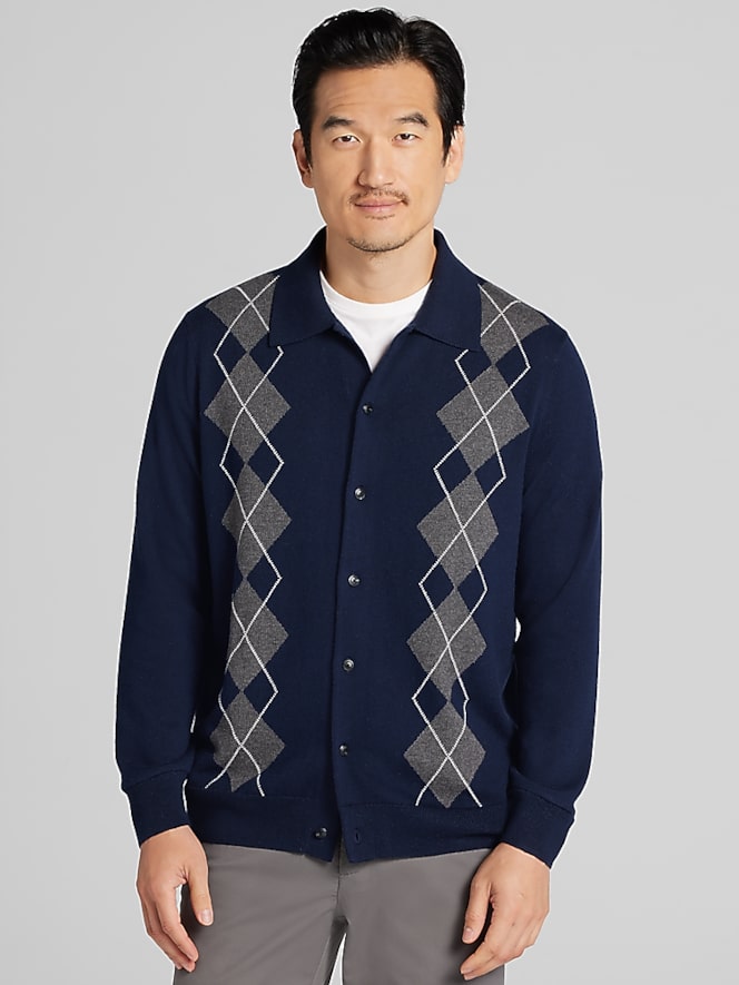 Joseph Abboud Modern Fit Argyle Button Front Polo Sweater