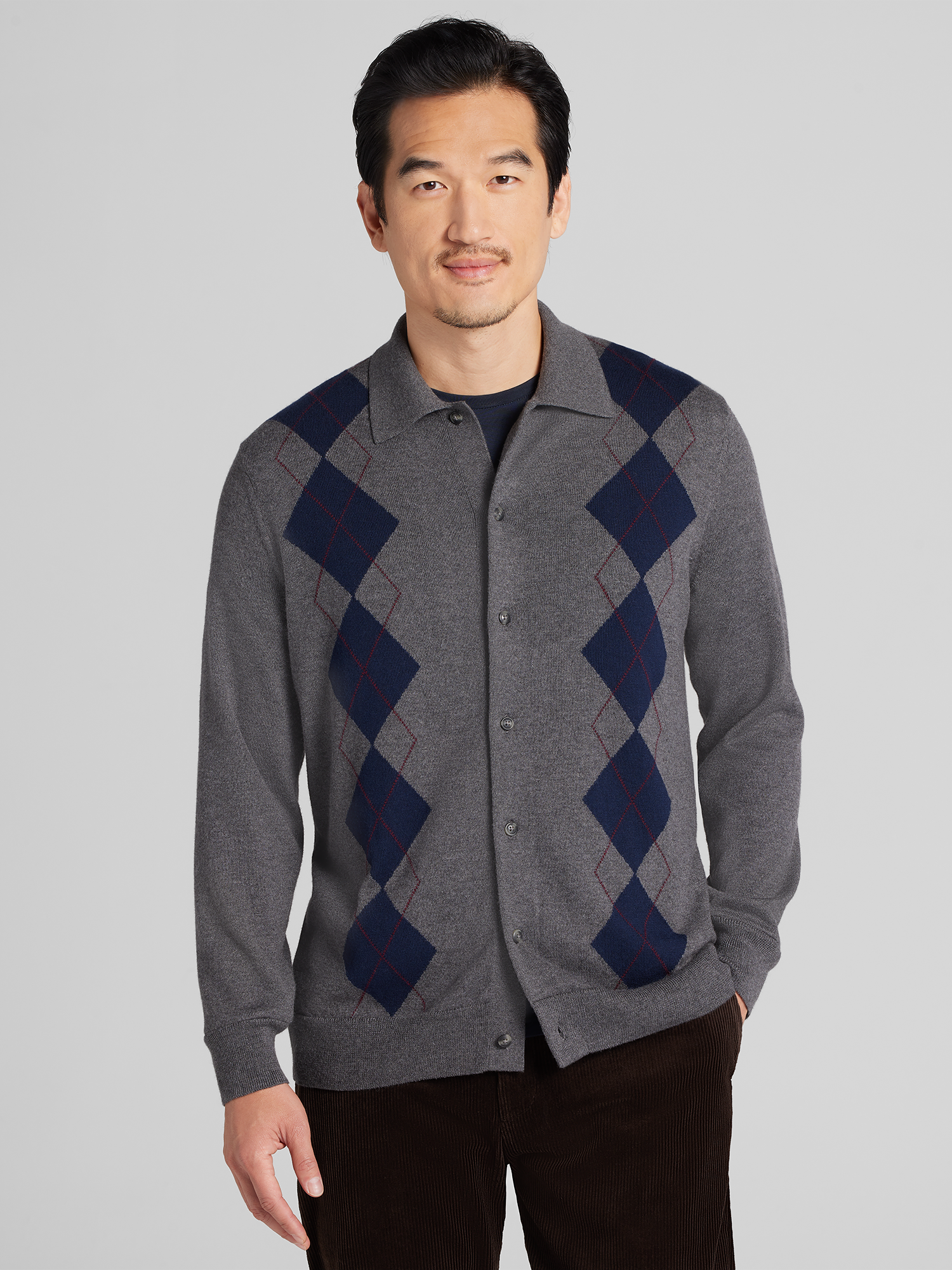 Modern Fit Argyle Button Front Polo Sweater