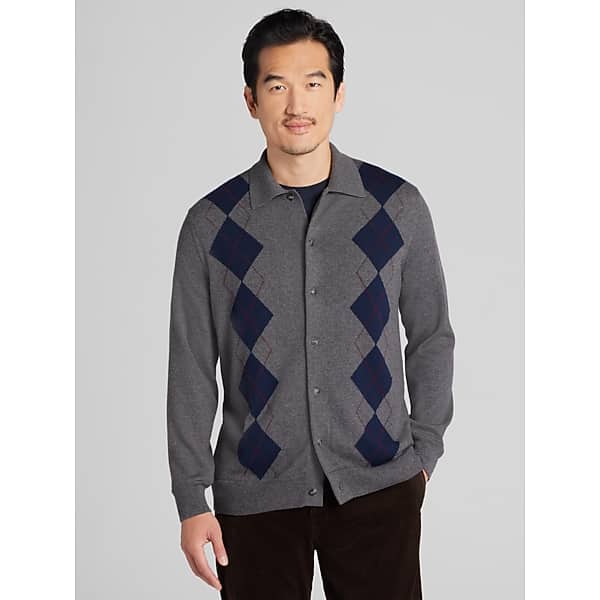Joseph Abboud Men's Modern Fit Argyle Button Front Polo Sweater Charcoal Heather - Size: Medium