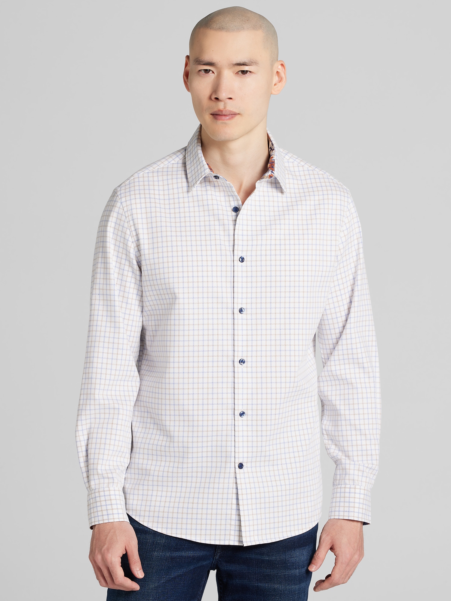Modern Fit Grid Pattern Button Up Shirt