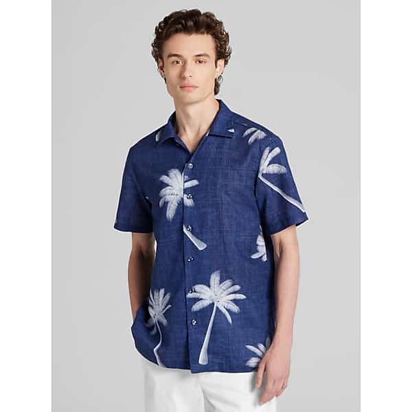 Joseph Abboud Big & Tall Men's Modern Fit Resort Palm Tree Short-Sleeve Woven Button Up Shirt Navy Palm Tree - Size: 2XLT