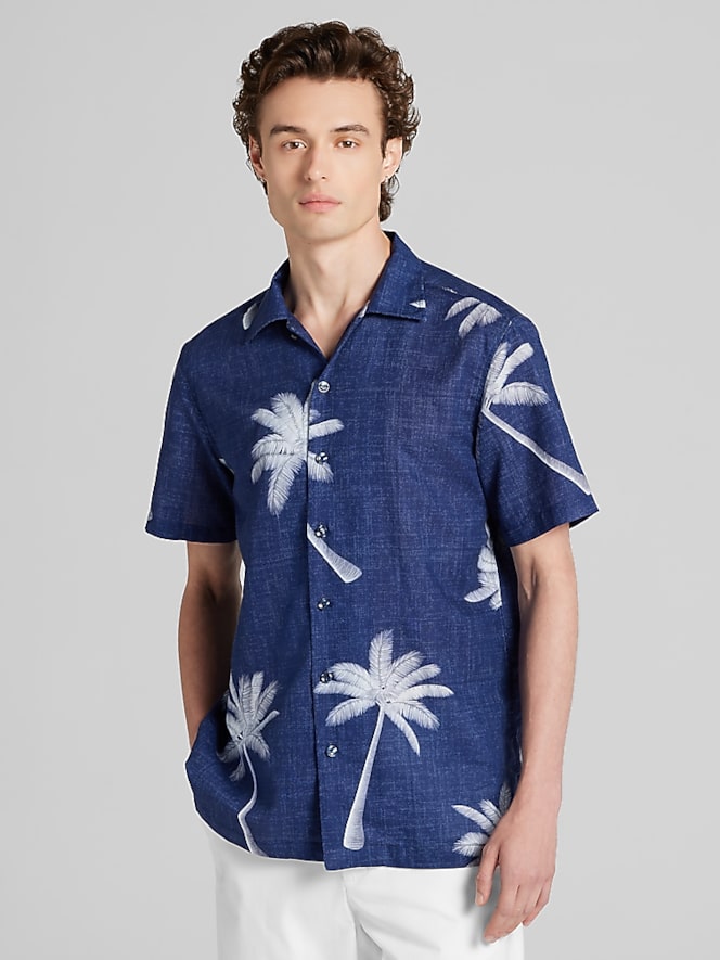 Joseph Abboud Modern Fit Resort Palm Tree Short-Sleeve Woven Button Up Shirt