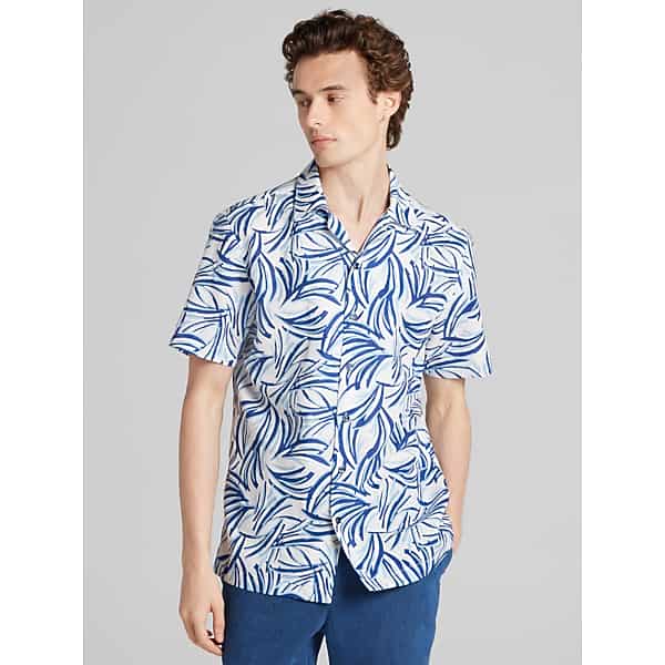 Joseph Abboud Big & Tall Men's Modern Fit Tropical Resort Short Sleeve Shirt Blue And White Tropical - Size: 2XLT