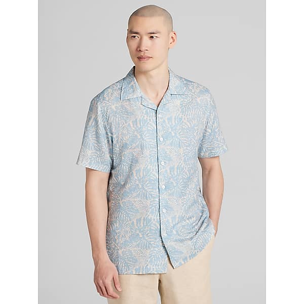 Joseph Abboud Big & Tall Men's Modern Fit Tropical Pattern Camp Shirt Blue And Tan Tropical - Size: XXL
