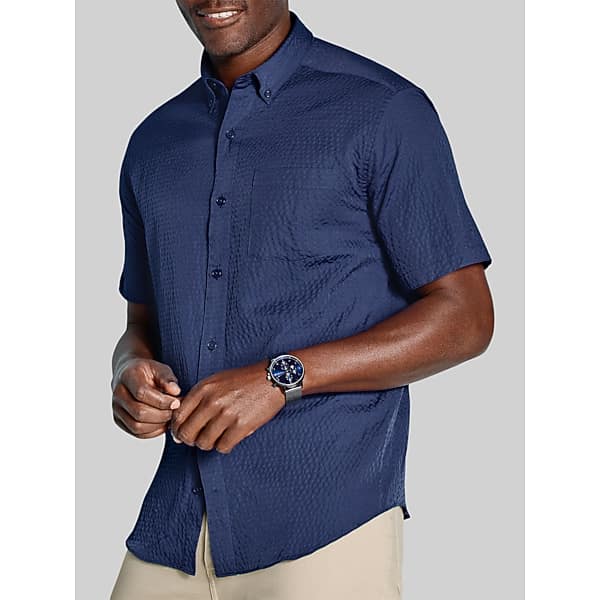 Johnston & Murphy Men's Regular Fit Leland Seersucker Short Sleeve Button Up Shirt Navy - Size: XL