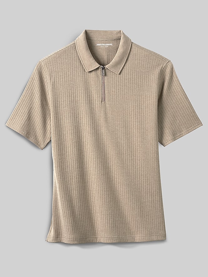 Johnston &Amp; Murphy Regular Fit Finn 4-Way Stretch Ribbed Zip Polo, Stone - Image 2 of 3