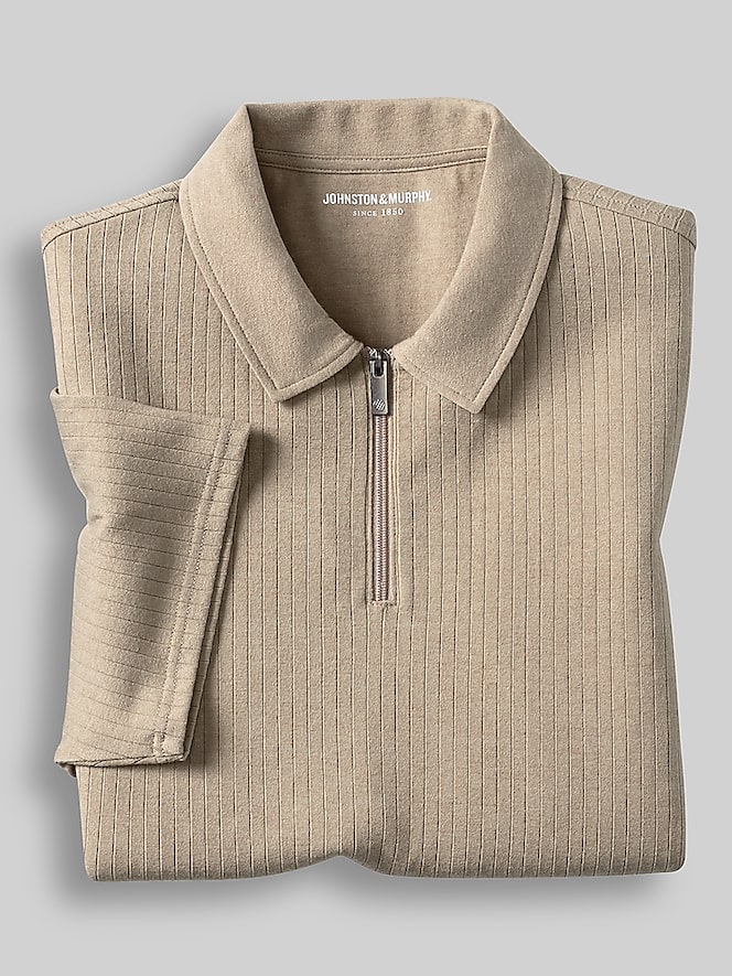 Johnston &Amp; Murphy Regular Fit Finn 4-Way Stretch Ribbed Zip Polo, Stone - Image 3 of 3