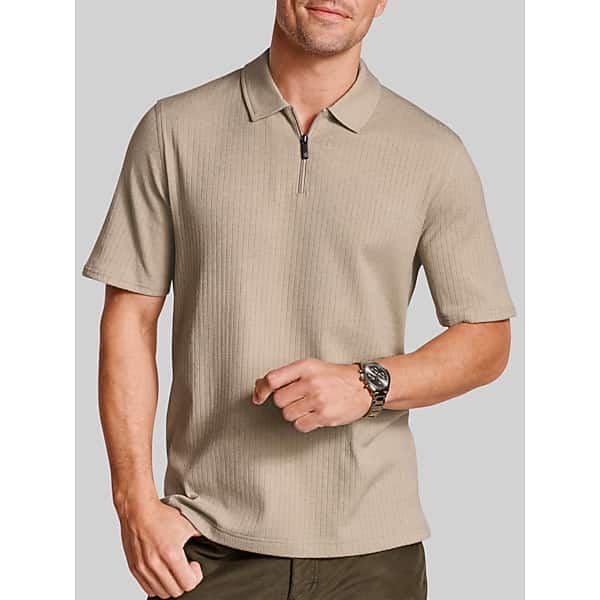 Johnston & Murphy Men's Regular Fit Finn 4-Way Stretch Ribbed Zip Polo Stone - Size: Large