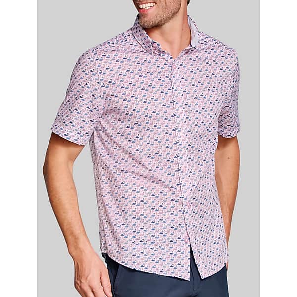 Johnston & Murphy Men's Regular Fit Logan Printed Short Sleeve Button Up Shirt Pink - Size: Large