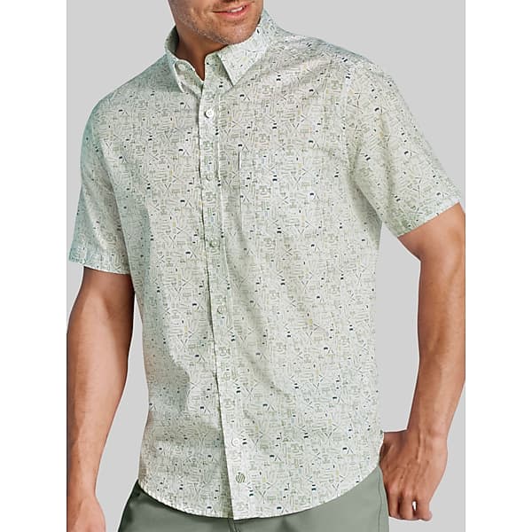 Johnston & Murphy Big & Tall Men's Regular Fit Logan Printed Short Sleeve Button Up Shirt Green - Size: XXL
