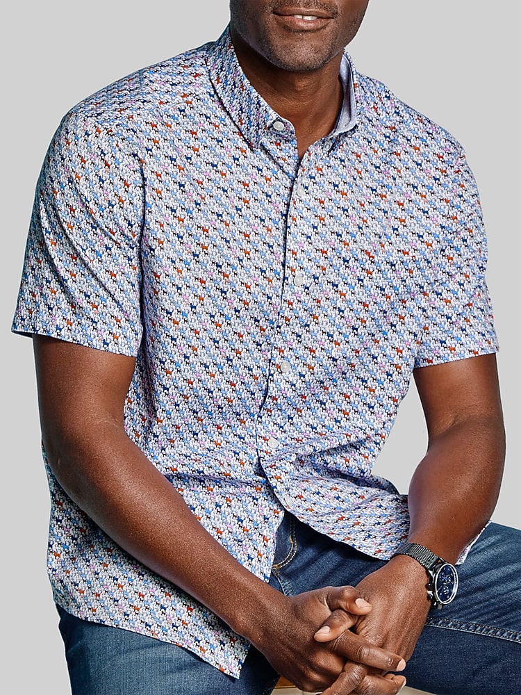 Johnston & Murphy Men's Logan Printed Short-Sleeve Shirt - White Multi Mini Lab - Size L - Regular