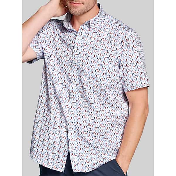 Johnston & Murphy Big & Tall Men's Regular Fit Logan Printed Short Sleeve Button Up Shirt Blue Multi - Size: XXL