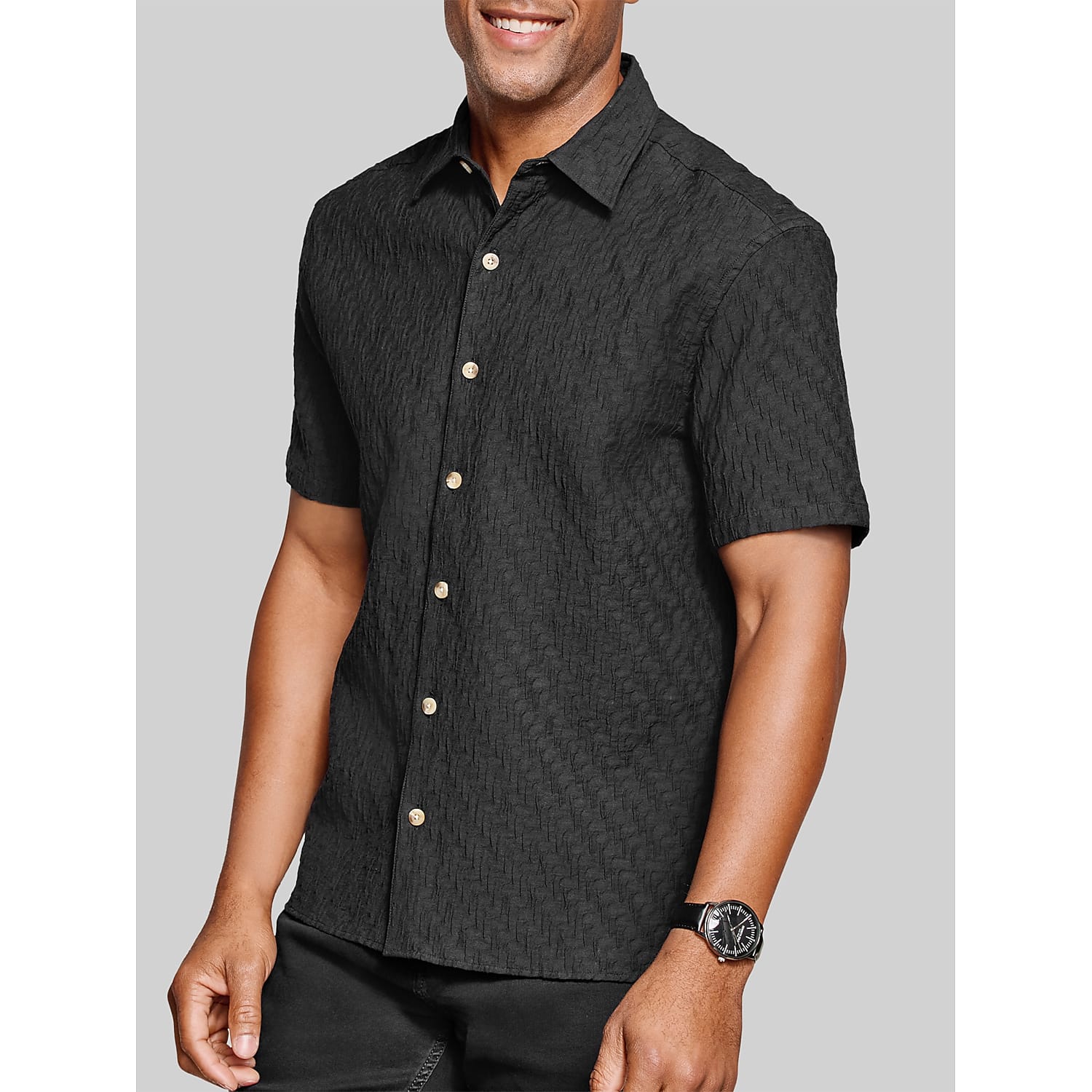 Johnston & Murphy Monterey Textured Short Sleeve Button Up Shirt in Black – Men's Regular Fit Casual Button Down, Size Large