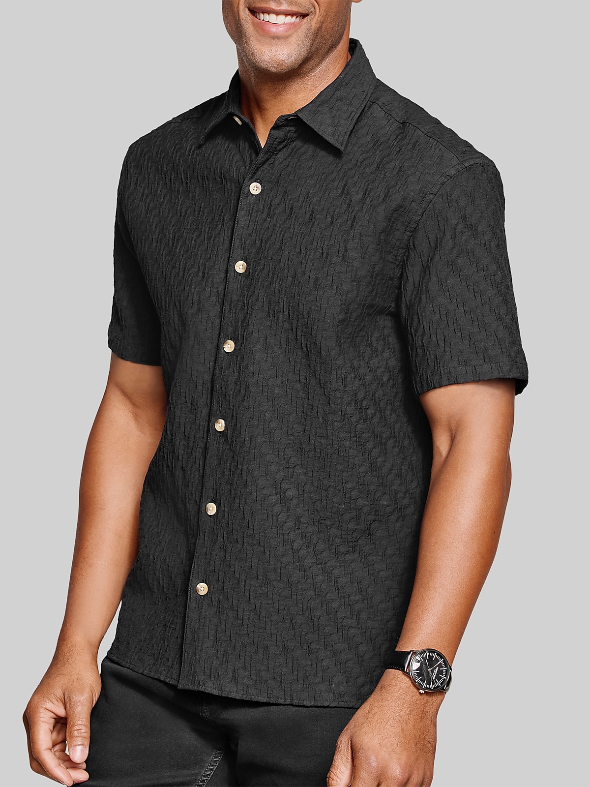 johnston and murphy dress shirts & Men's Monterey Textured Short-Sleeve Shirt - Black Diagonal Bar - Size L way stretch for endless comfort Johnston & Murphy Large Button