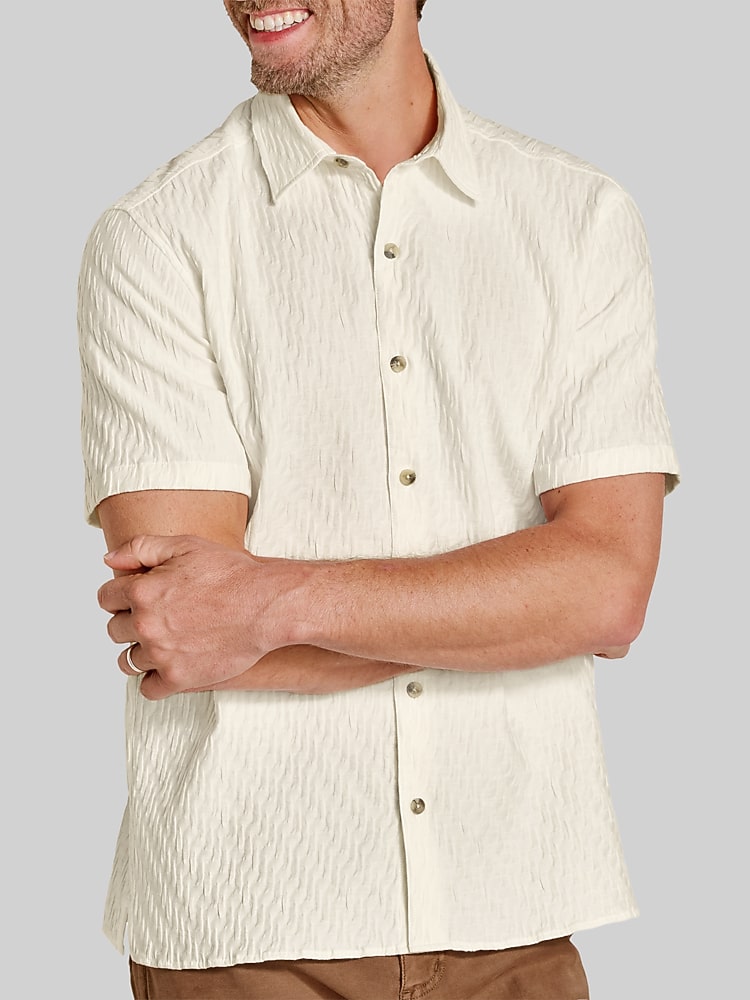 Johnston & Murphy Men's Monterey Textured Short-Sleeve Shirt - Ivory Diagonal Bar - Size XL - Regular