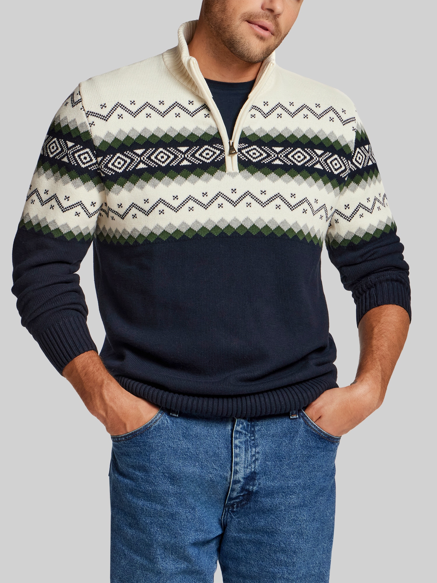 Two-Tone Nordic Yoke Quarter-Zip Sweater