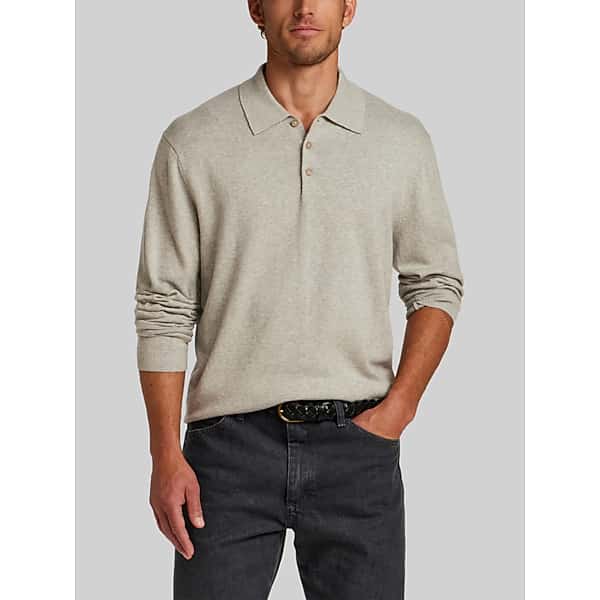 Weatherproof Vintage Men's Cotton-Cashmere Long-Sleeve Polo Sweater Silver Heather -
