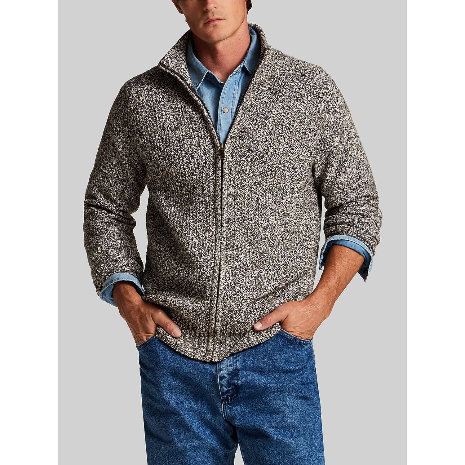 Weatherproof Vintage Men’s Full-Zip Sweater in Chocolate Donegal Brown – Regular Fit Textured Knit Mock Neck Cardigan
