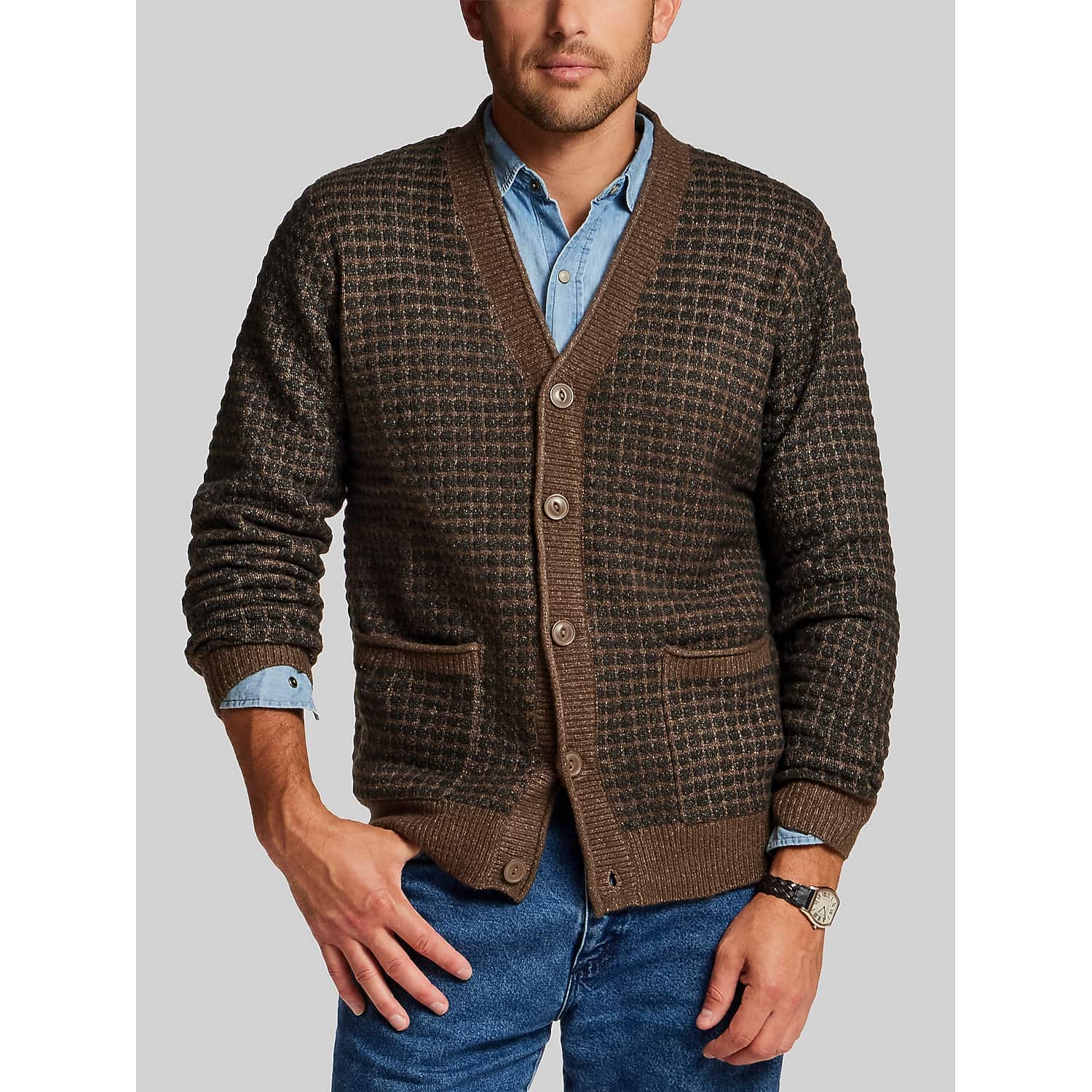 Weatherproof Vintage Men’s Grid Knit V-Neck Cardigan in Mocha Brown – Regular Fit Button Front Sweater, Size Large