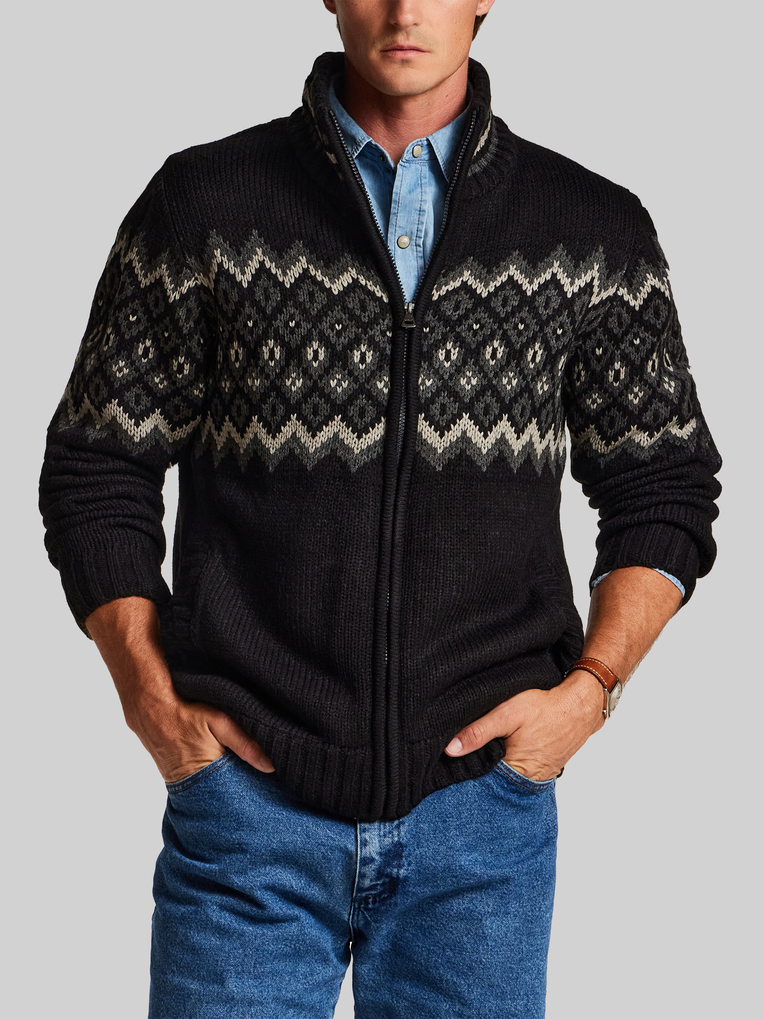Regular Fit Faux Sherpa-Lined Nordic Full-Zip Sweater Jacket