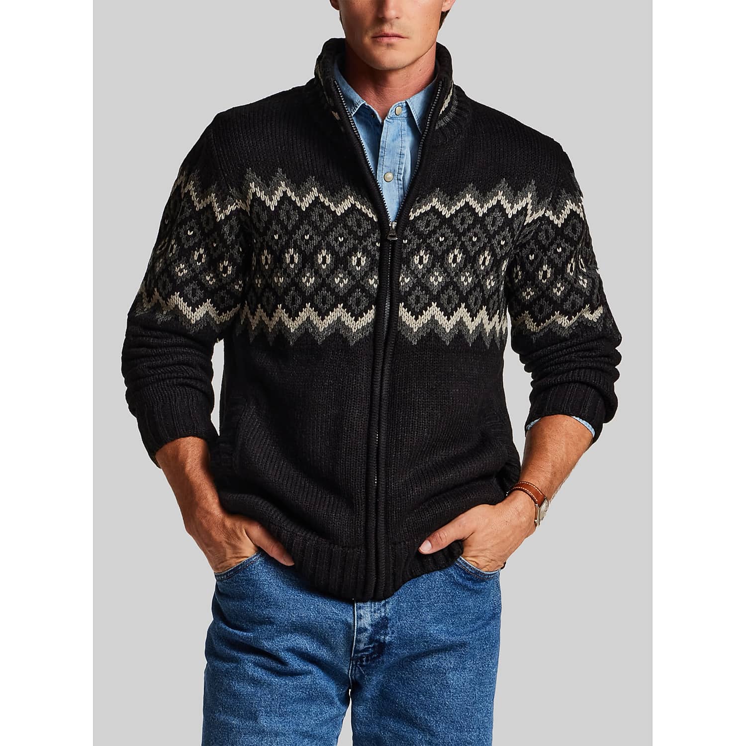 Weatherproof Vintage Nordic Full-Zip Sweater Jacket with Faux Sherpa Lining in Black – Men’s Regular Fit XL