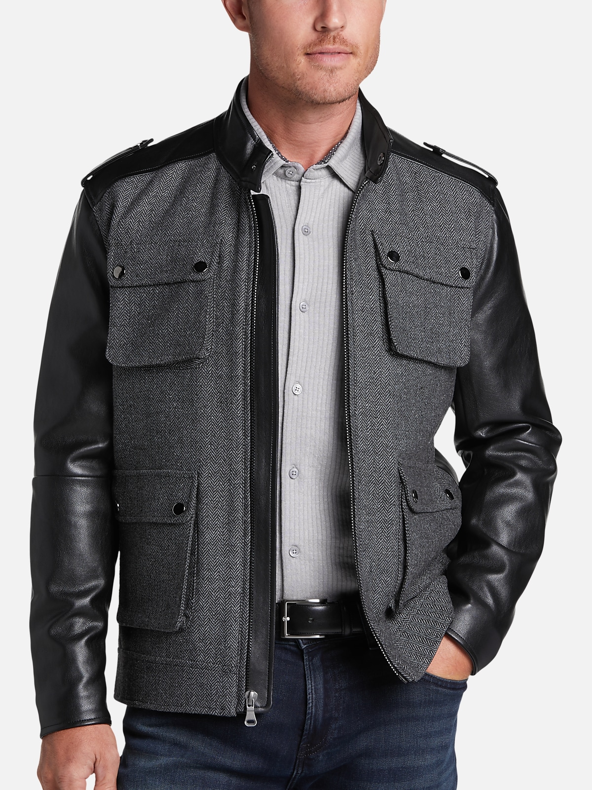 Michael Strahan Modern Fit Faux Leather Military Jacket All Clearance 3999 Mens Wearhouse 