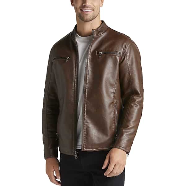 Awearness Kenneth Cole Men's Modern Fit Faux Leather Moto Jacket Brown Solid - Size: Medium