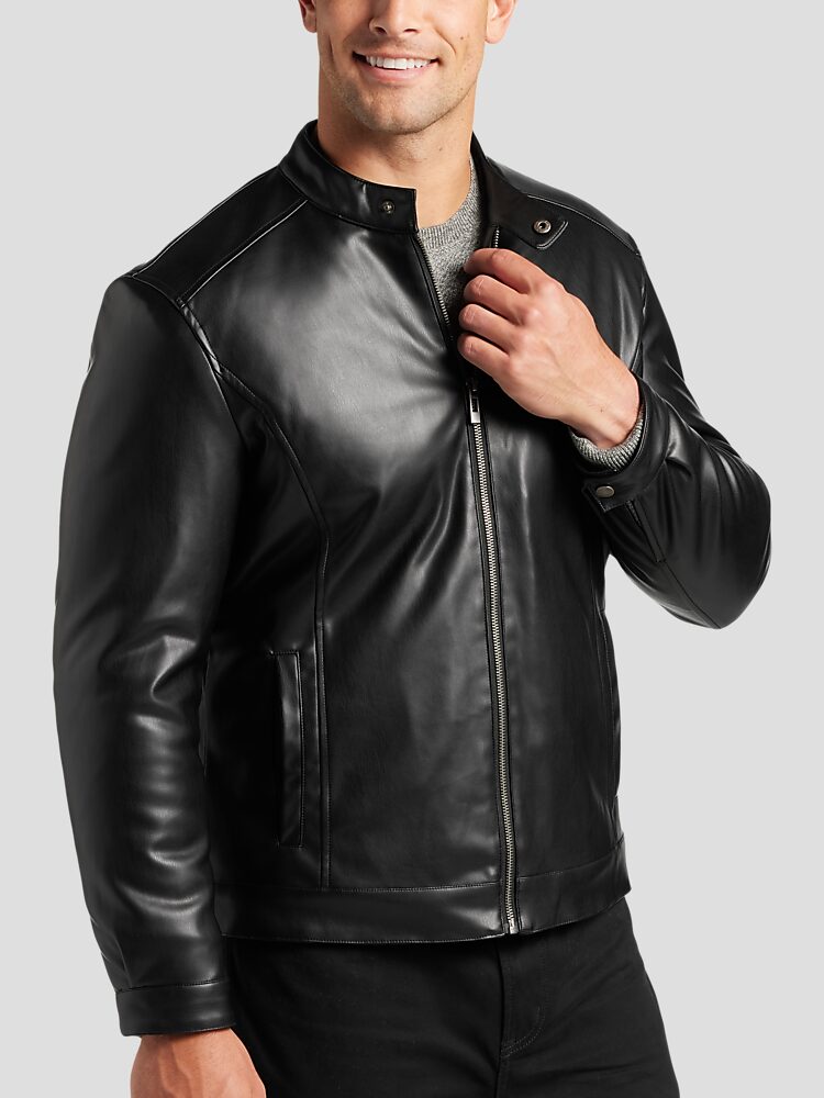 Mens Fashion Stand Collar Leather Jacket Slim Fit Pocket Short Coats  Motorcycle