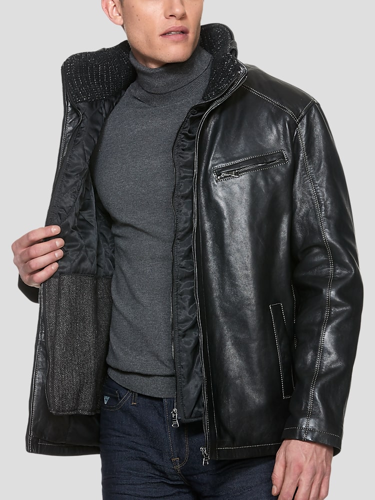 Sly & Co Classic Fit Lambskin High-Neck Leather Jacket