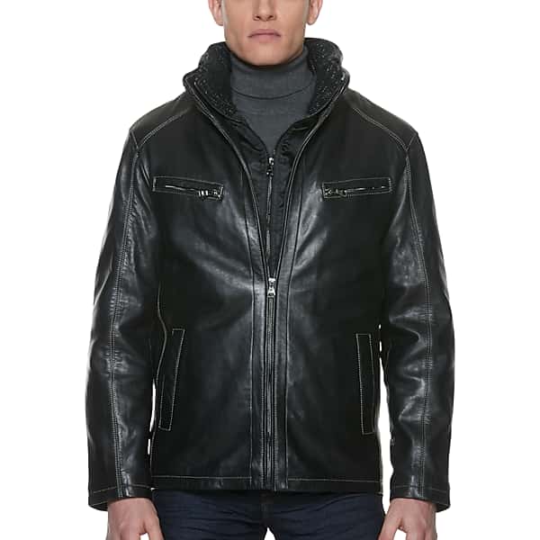 Sly & Co Men's Classic Fit Lambskin High-Neck Leather Jacket Black Solid - Size: Medium TMW71MT20002