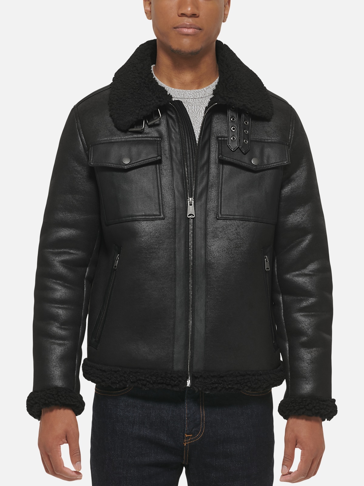 Tommy Hilfiger Modern Fit Leather and Shearling Aviator Jacket | All Sale| Men's Wearhouse